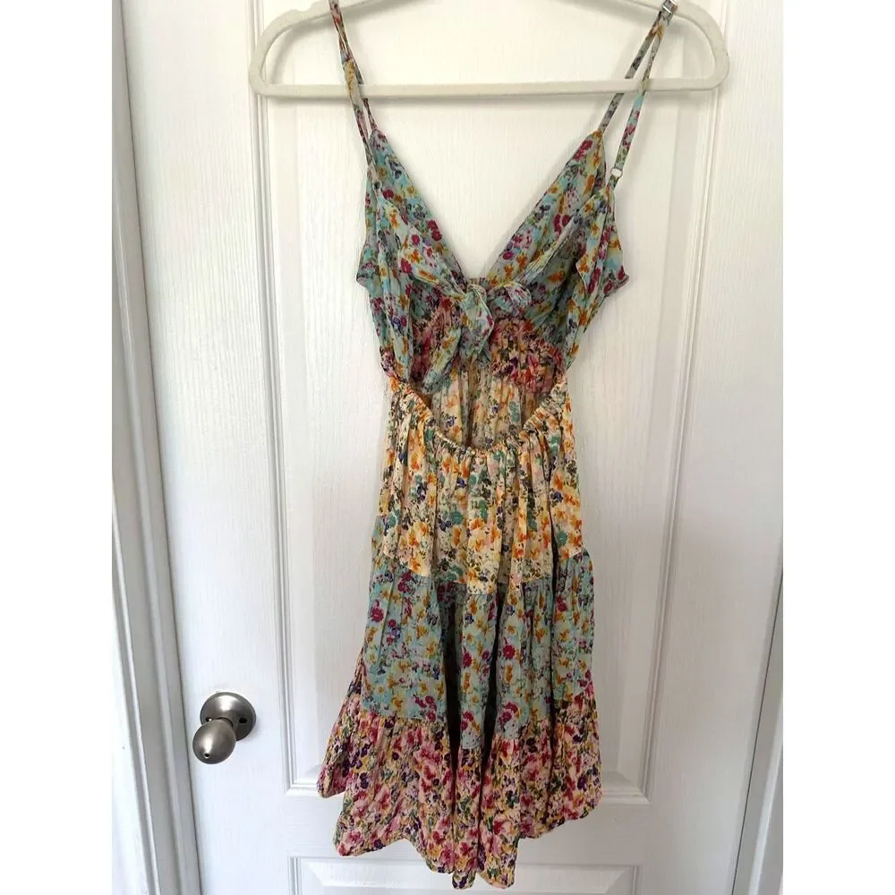 Angie Floral Tiered Mini Dress Boho Tie Back Spaghetti Strap Cottagecore Size S - Picture 3 of 9